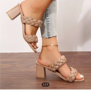 Braided, neutral, mid heel sandal